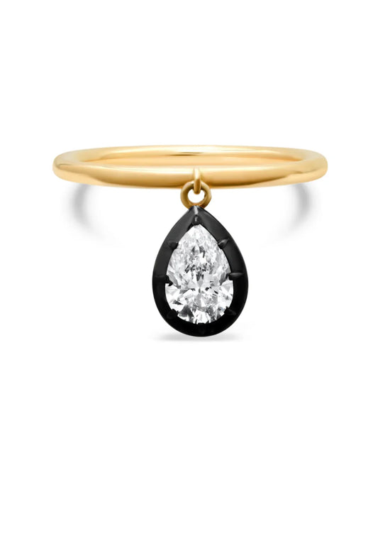 Bouton Dangle Ring with Pear Shape Lab Grown Diamond Charm with black rhodium setting