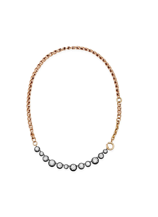 Vintage inspired 18kt rose gold chain necklace with lab-created diamonds in Georgian Button back setting