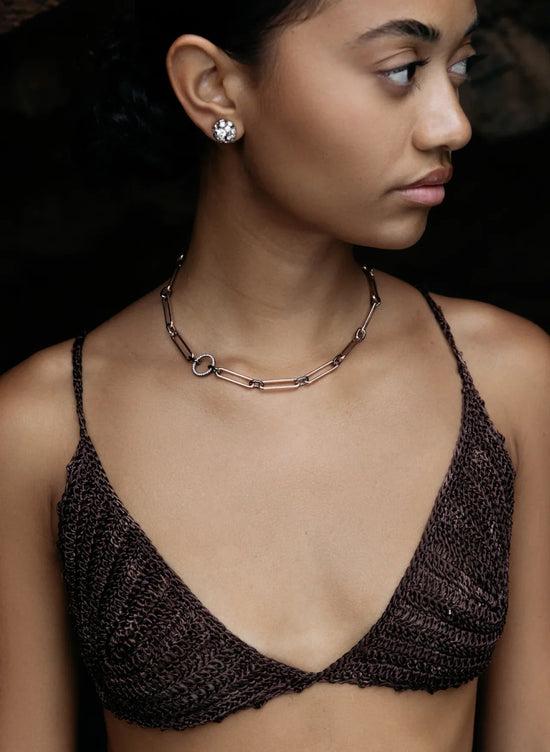 Trombone 18kt Rose Gold Necklace With Lab Grown Pavé Diamond Circle on model