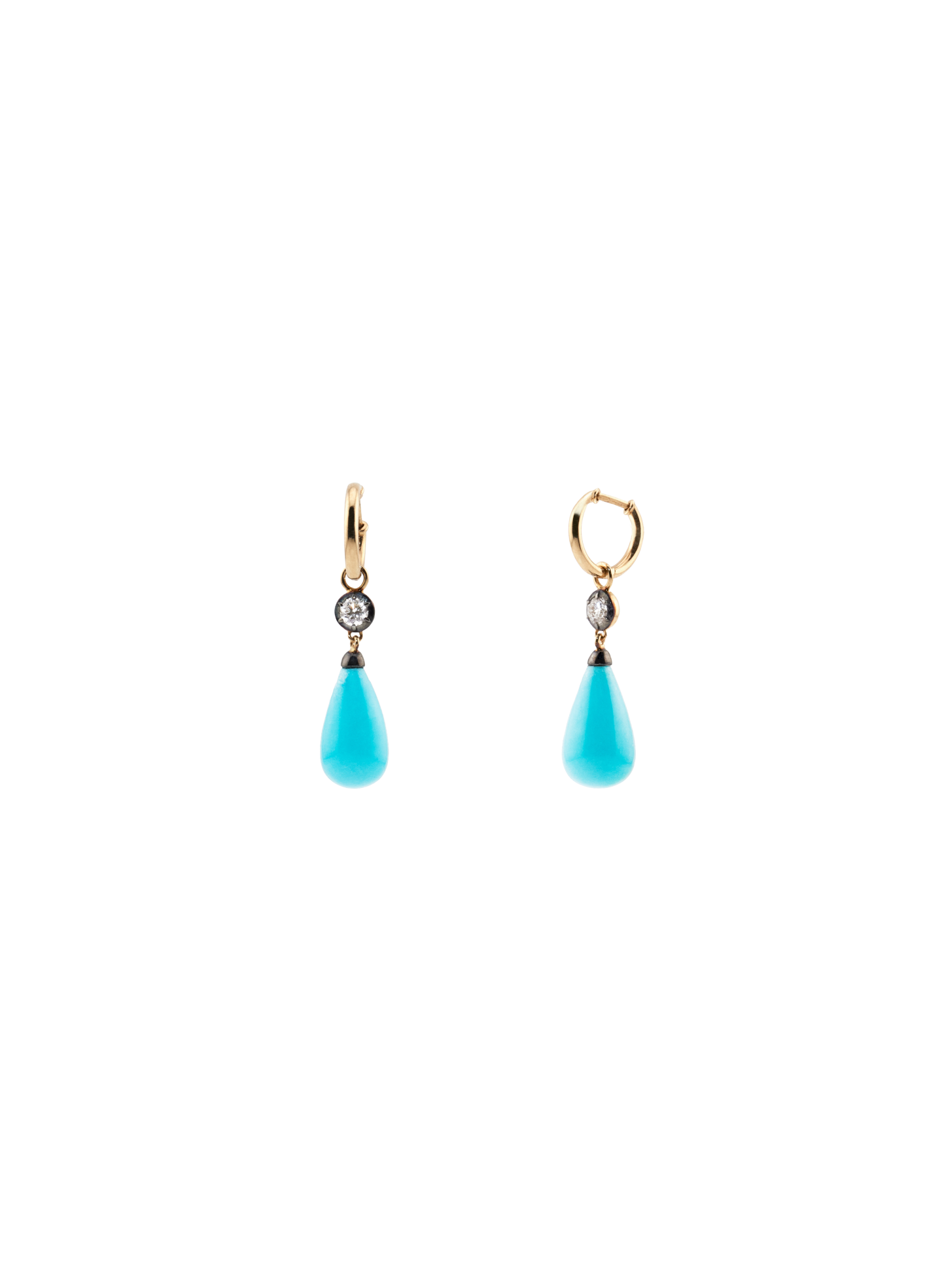 Bouton Lab-Grown Diamond  Button Back Set Round Brilliant and Natural Turquoise Hoops