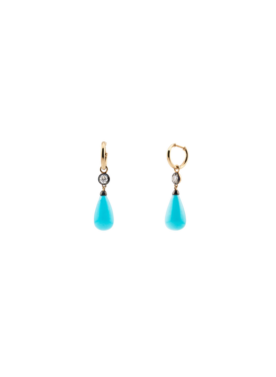 Bouton Lab-Grown Diamond  Button Back Set Round Brilliant and Natural Turquoise Hoops