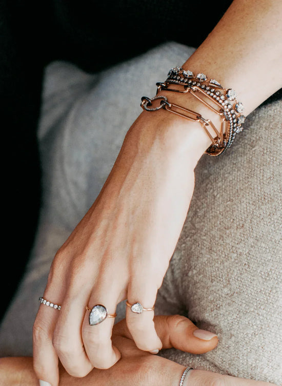 Trombone 18kt Rose Gold Bracelet With Lab Grown Pavé Diamond Circle and Bouton Lab-Grown Pear Shape Diamond Button Back Ring 3.6 ctw in 18kt gold front view