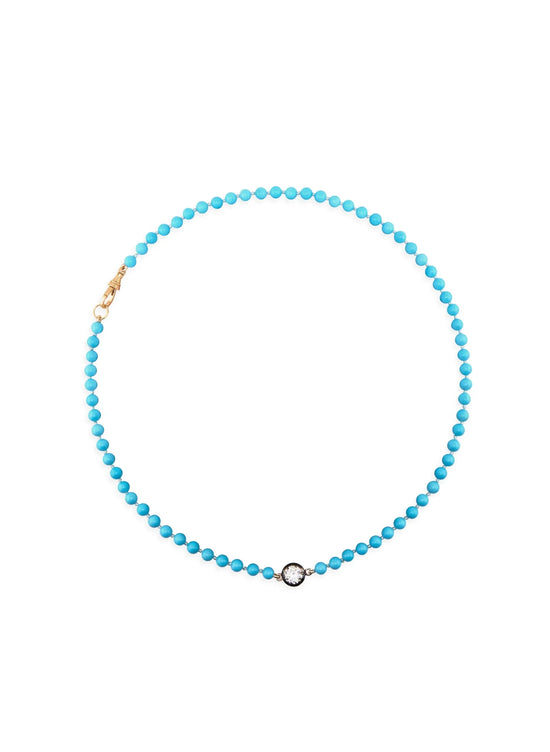 Natural 3mm turquoise beaded necklace with a gold dog clip clasp and a 1ct lab grown diamond set in gold and black rhodium