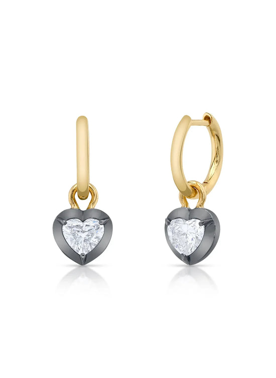 Vintage inspired Bouton lab-grown diamond heart shape gold hoop earrings in Georgian-style button-back setting