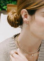 Vintage inspired Bouton lab-grown diamond pear shape gold stud earrings in Georgian-style button-back setting on model