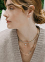 Vintage inspired Bouton lab-grown diamond heart shape gold hoop earrings in Georgian-style button-back setting on model