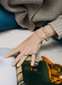 Bouton Lab-Grown Pear Shape Diamond Button Back Ring 3.6 ctw in 18kt gold front view on hand flipping magazine