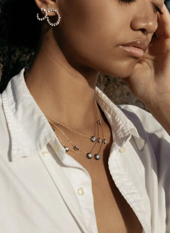 Bouton Lab-Grown Diamond Button Back Set Necklace 2 ctw, 3 stone station on model layered