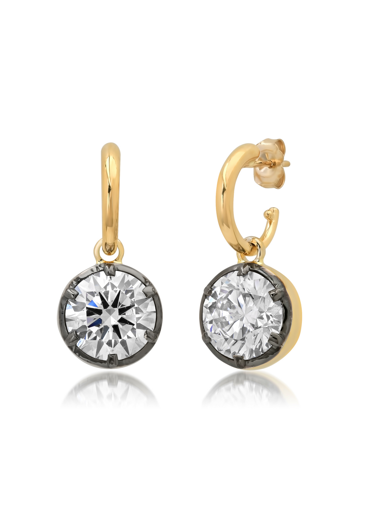 Round brilliant lab-grown diamond statement drop hoops in 18 karat yellow gold, Bouton button back setting