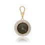 Vintage inspired pavé coin holder pendant small with lab-grown diamonds in astrological signs and on the outside. Black rhodium coated gold center front