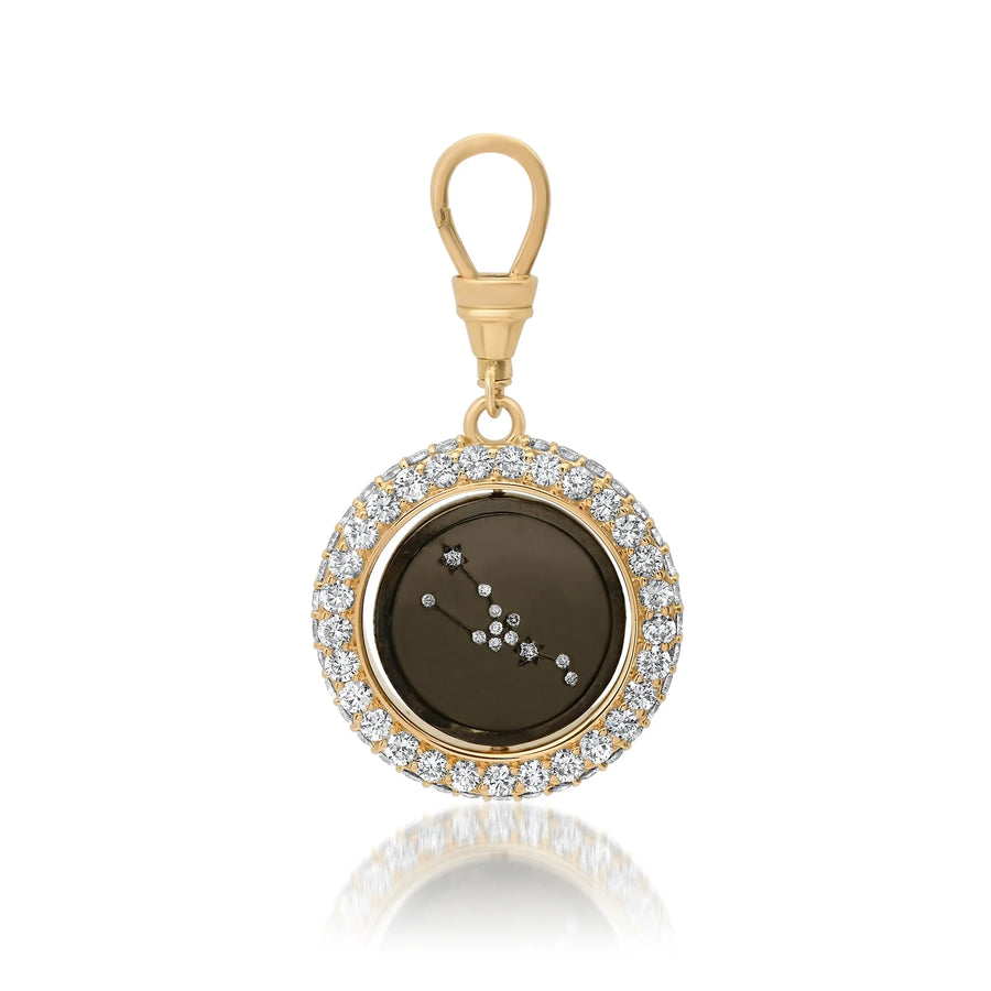 Vintage inspired pavé coin holder pendant small with lab-grown diamonds in astrological signs and on the outside. Black rhodium coated gold center front