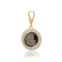 Vintage inspired pavé coin holder pendant small with lab-grown diamonds in astrological signs and on the outside. Black rhodium coated gold center.
Side view