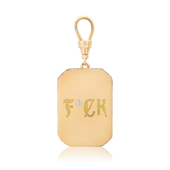 Vintage inspired dog tag, statement pendant with pavé lab-grown diamonds in black rhodium and 18kt gold front