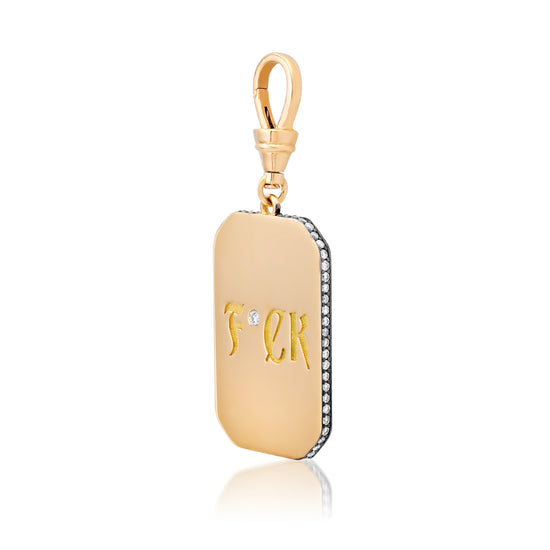 Vintage inspired dog tag, statement pendant with pavé lab-grown diamonds in black rhodium and 18kt gold side
