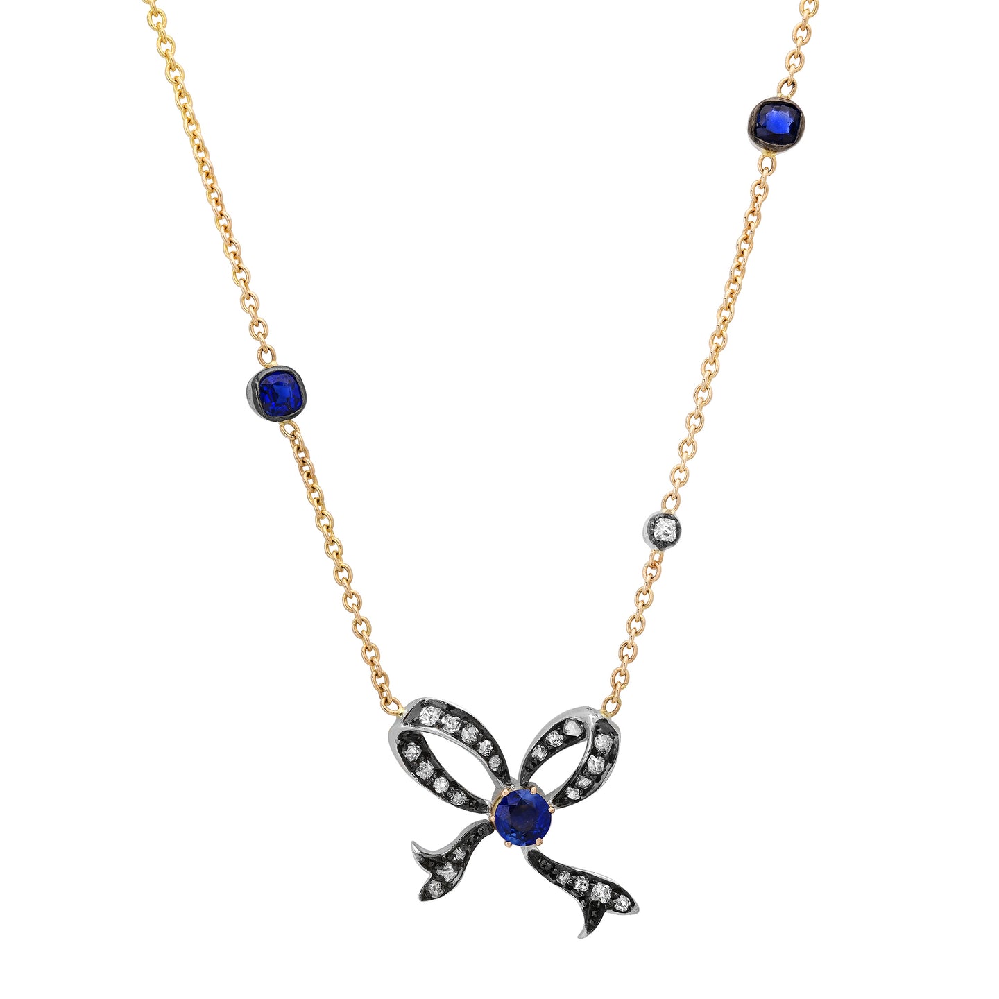 Vintage Natural Sapphire and Diamond Bow Pendant in Silver and 14ct Gold