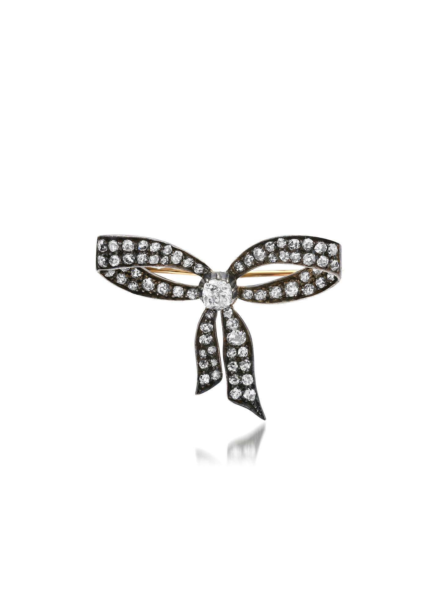 Vintage Victorian Diamond Bow Brooch with Natural Old Mine Cut Diamonds in 8kt Gold and Silver