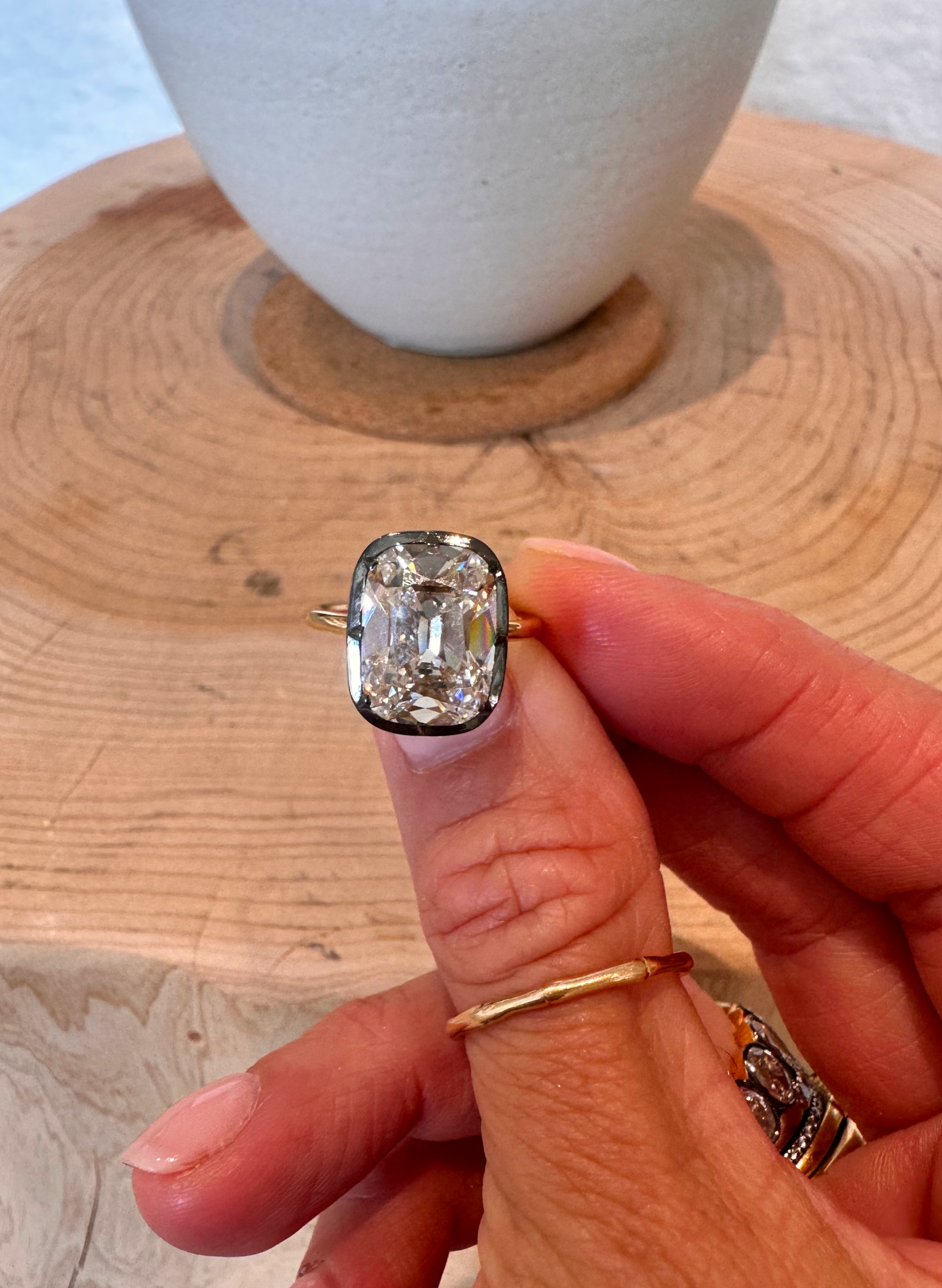 Bouton Lab-Grown Elongated Antique Cushion Cut Shape Diamond Button Back Ring 6 ctw