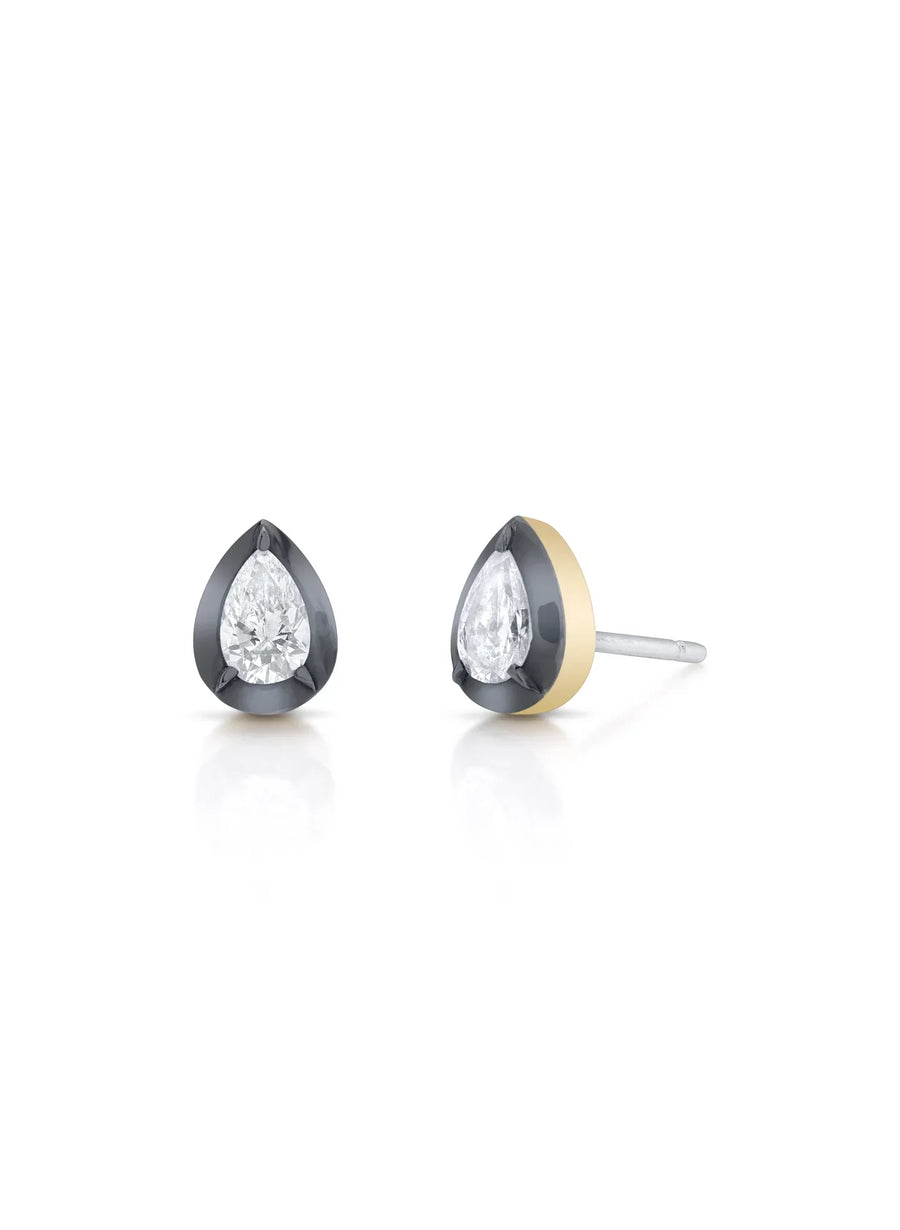 Vintage inspired Bouton lab-grown diamond pear shape gold stud earrings in Georgian-style button-back setting