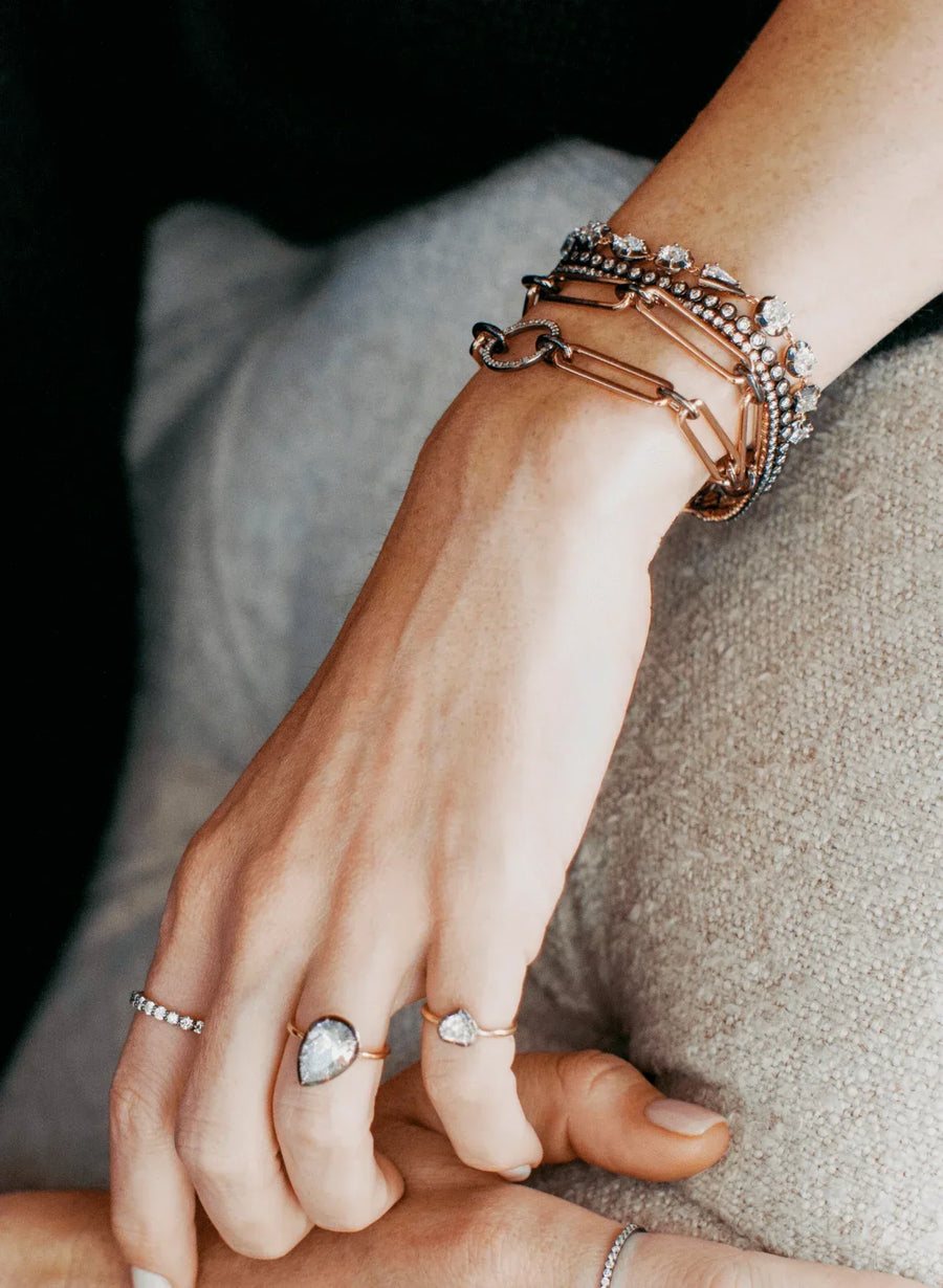 Trombone 18kt Rose Gold Bracelet With Lab Grown Pavé Diamond Circle and Bouton Lab-Grown Pear Shape Diamond Button Back Ring 3.6 ctw in 18kt gold front view