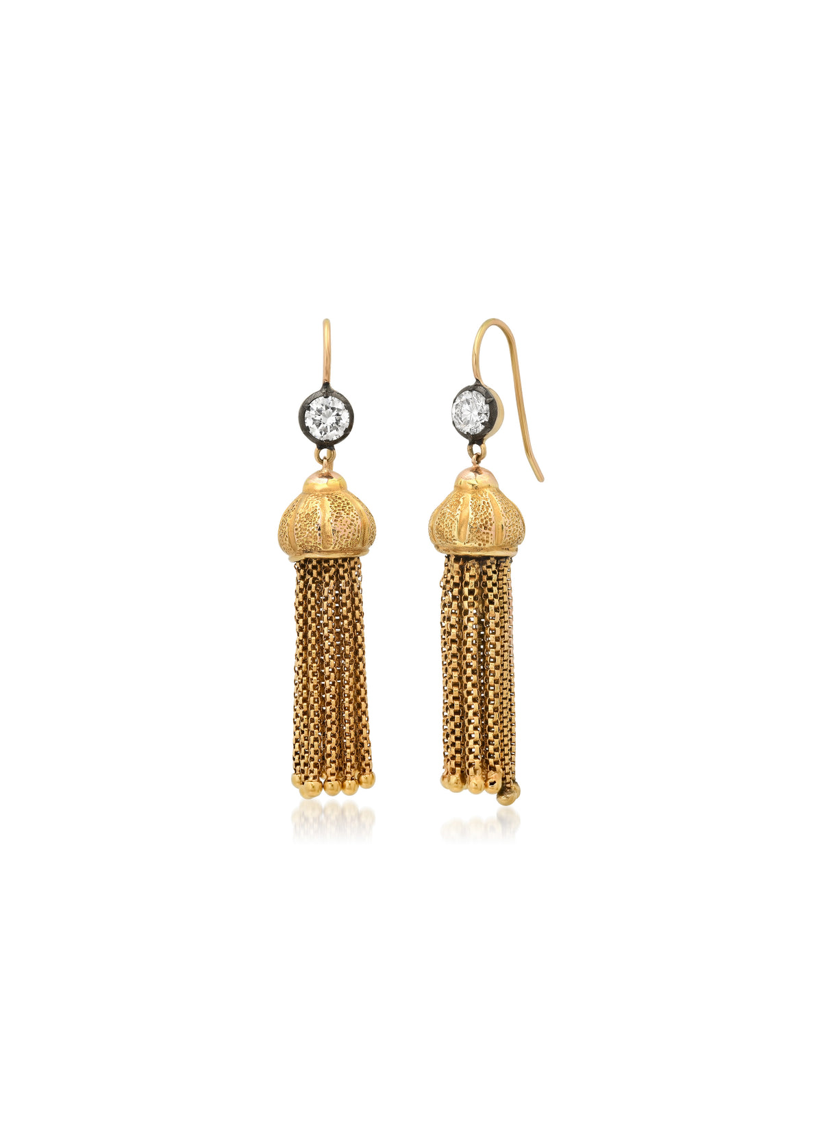 Revival Victorian gold tassel earrings reset with lab-grown diamonds in Bouton settings