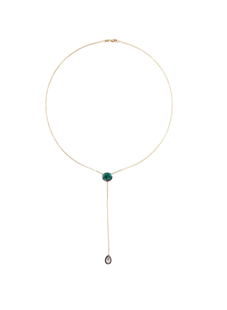 Bouton Lab-Grown Emerald and Diamond Button Back Set Lariat Necklace .5 ctw