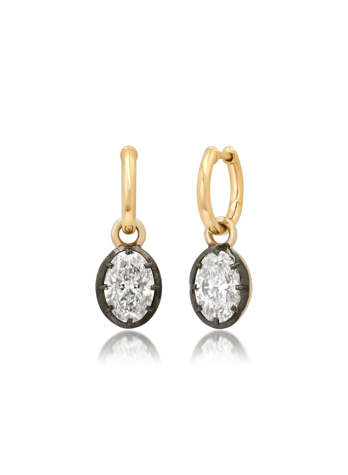 Oval lab-grown diamond drop hoops in 18 karat yellow gold, Bouton button back setting