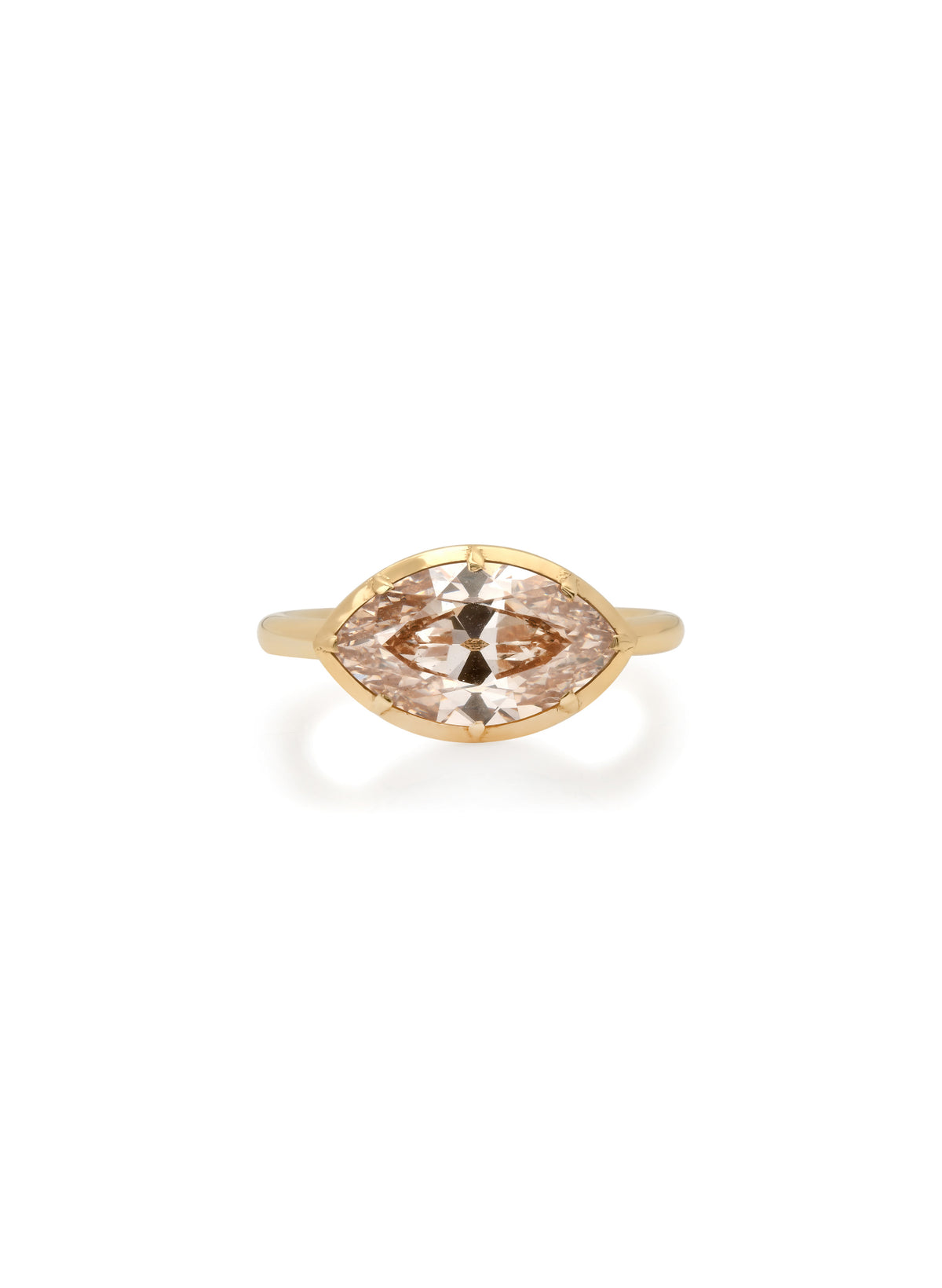 East west old cut marquise champagne lab-grown diamond ring in 18 karat yellow gold, Bouton setting
