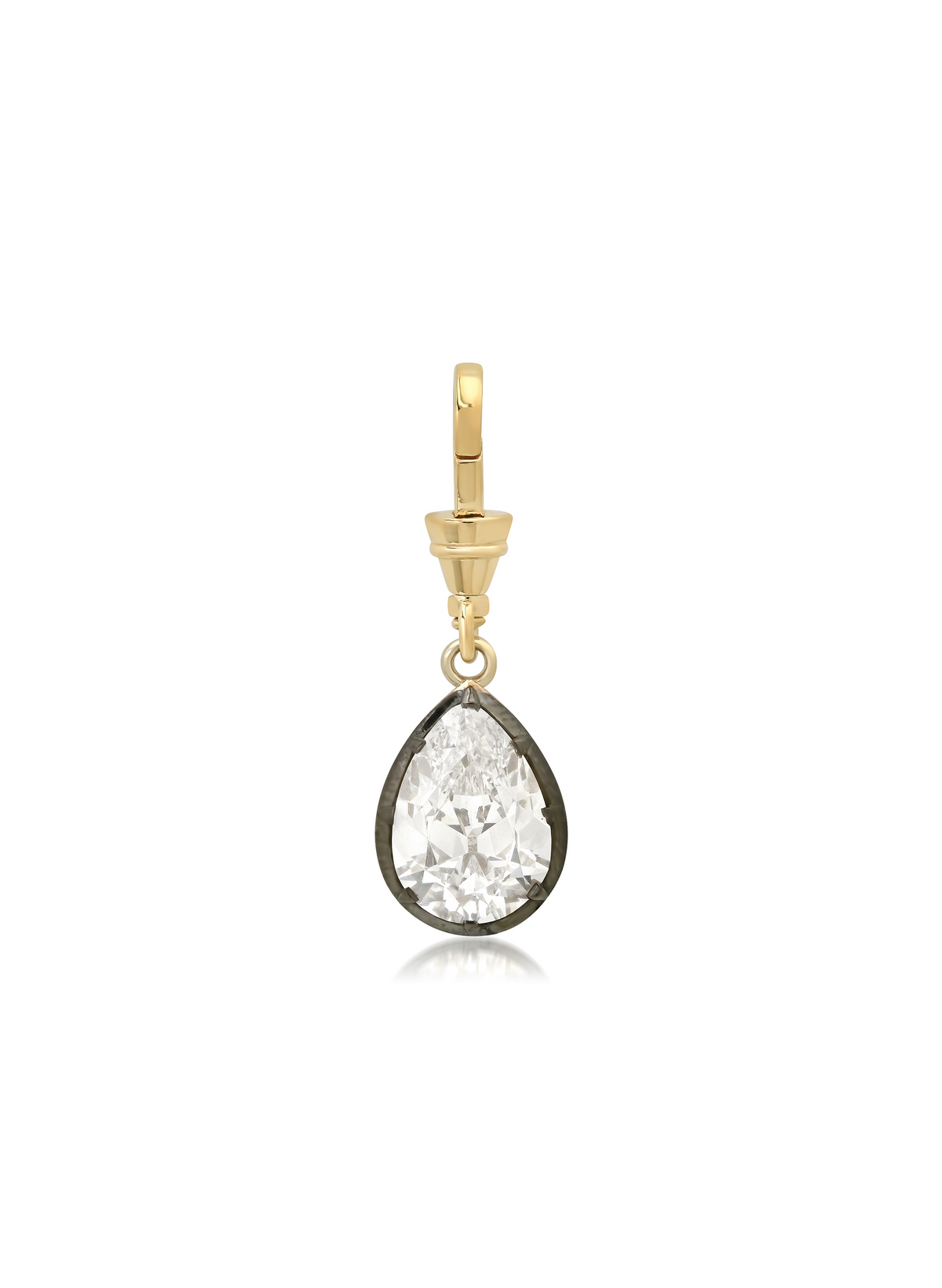 Bouton antique pear cut lab-grown diamond pendant, 3.5 ctw, blackened cut-down collet on an 18kt yellow gold dog clip bail