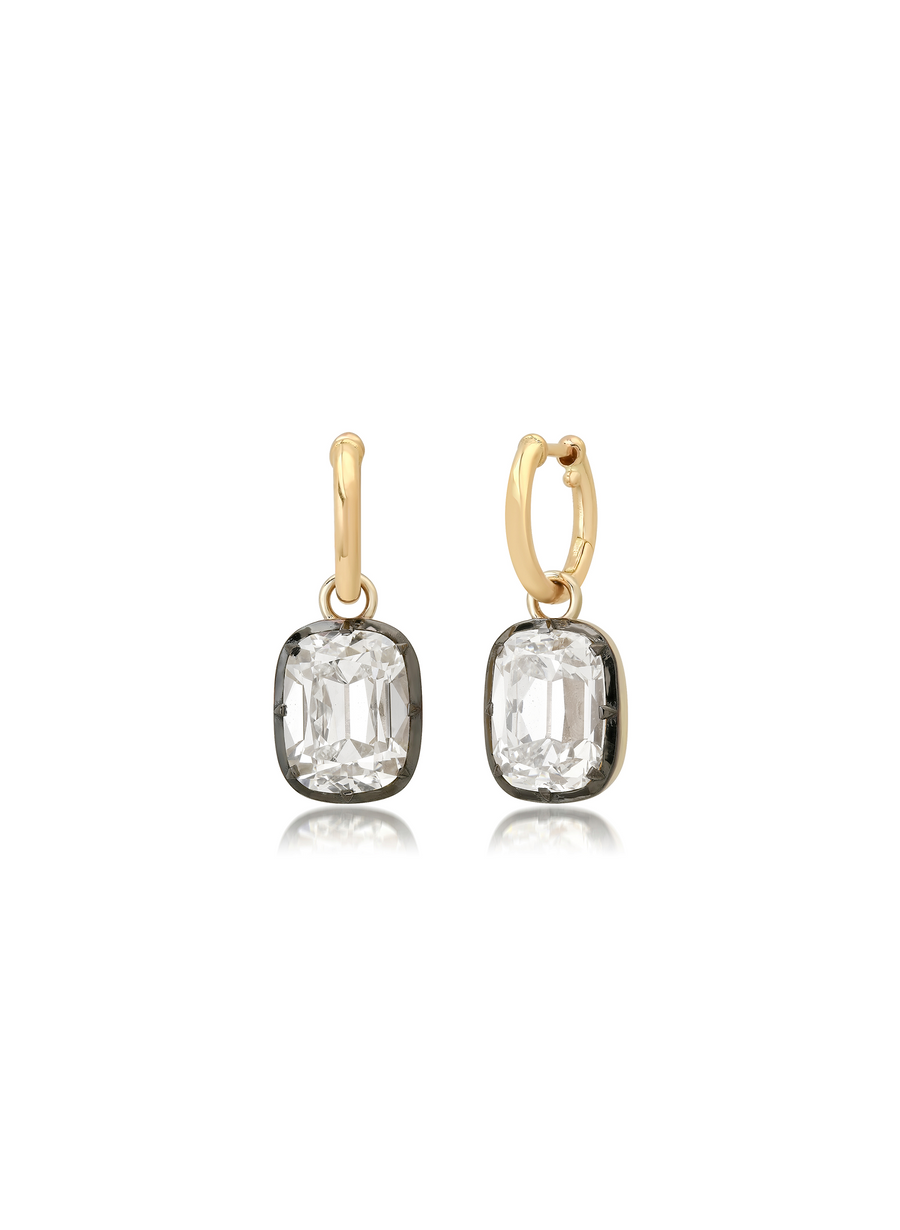 Bouton elongated antique cushion cut lab-grown diamond drop hoops, 6 ctw, blackened collets on 18kt yellow gold huggies