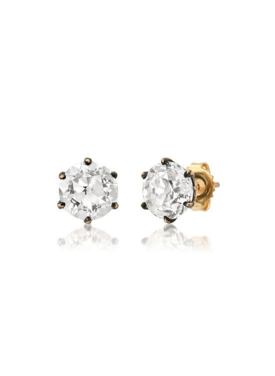 Classique old European cut lab-grown diamond studs, 6 ctw, hand antique finished setting with 18kt yellow gold posts
