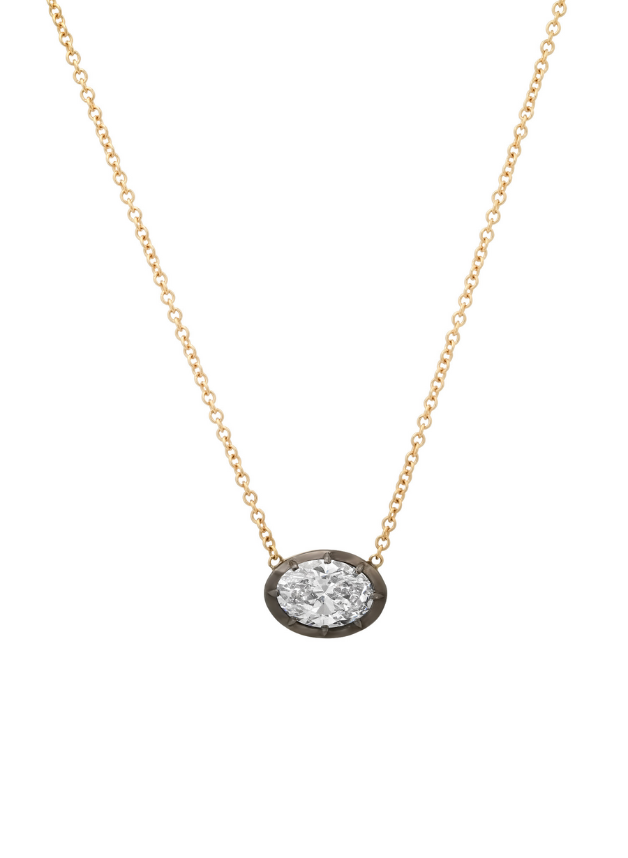 East west oval lab-grown diamond solitaire necklace in 18 karat yellow gold, Bouton setting