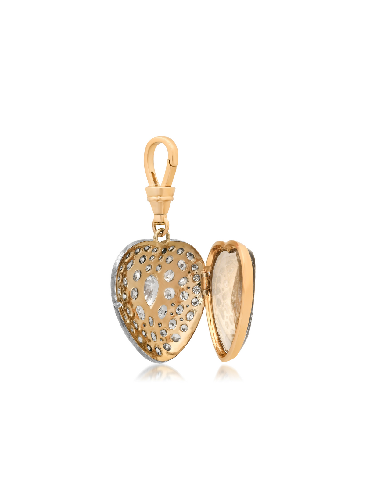 Lab-grown diamond heart locket shown open, 18 karat gold interior