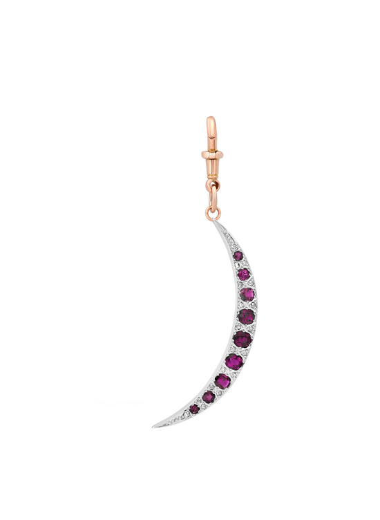 Vintage Victorian Burmese Ruby and Natural Diamond Crescent Moon in Gold