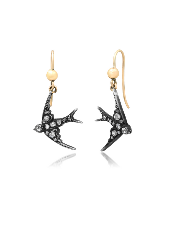 Vintage Victorian Rose Cut Natural Diamond Swallow Earrings in Silver and Gold