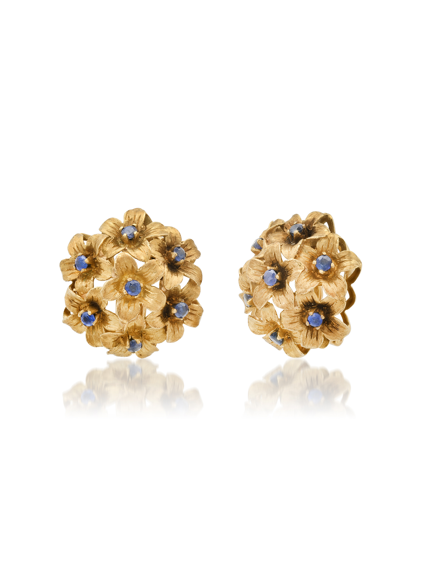 Vintage Domed Gold and Sapphire Floral Cluster Earrings