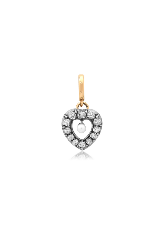 Vintage Victorian Gold, Old Mine Cut Diamond and Pearl Heart Charm
