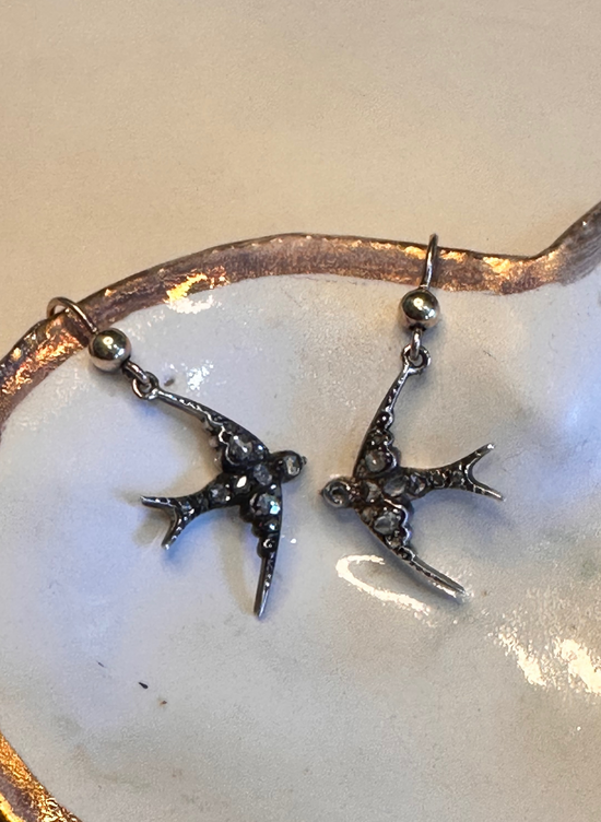 Vintage Victorian Rose Cut Natural Diamond Swallow Earrings in Silver and Gold