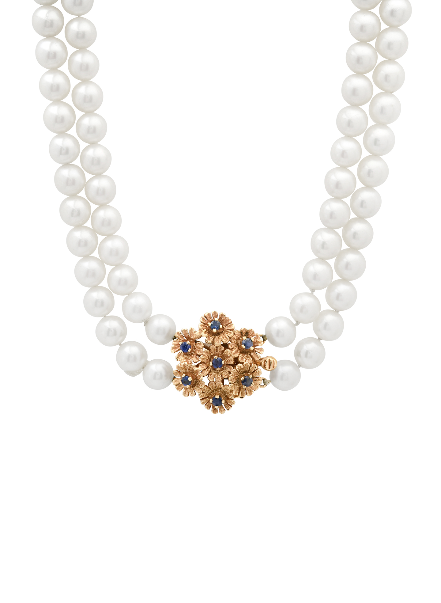 Vintage Double-Strand Pearl Necklace with Floral Sapphire Clasp, circa 1950s–60s