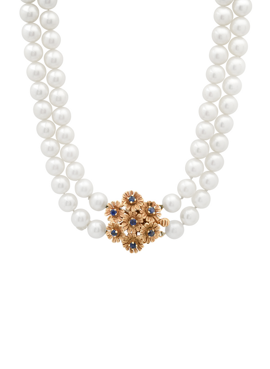 Vintage Double-Strand Pearl Necklace with Floral Sapphire Clasp, circa 1950s–60s