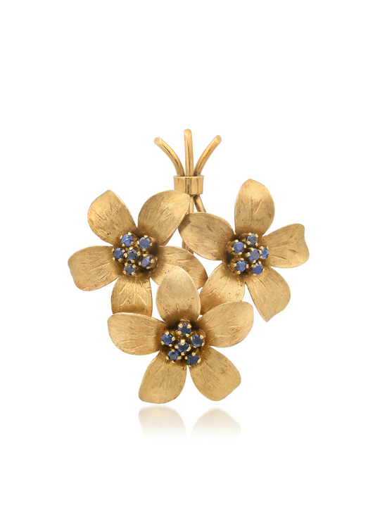 Vintage Three-Flower Sapphire Spray Brooch, circa 1950s–60s