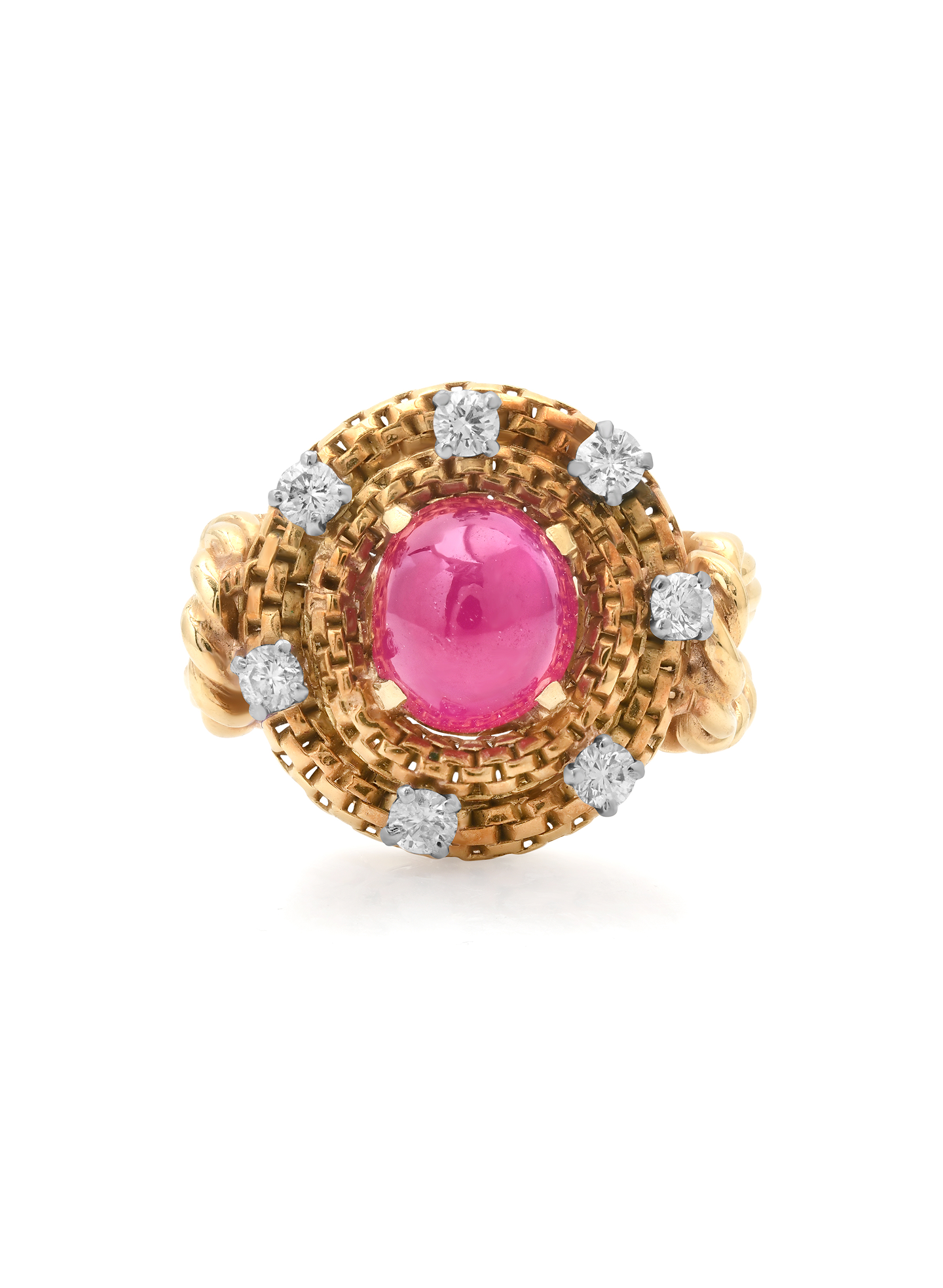 Vintage Woven Gold Cabochon Burmese No Heat Ruby & Diamond Cocktail Ring, circa 1950s–60s
