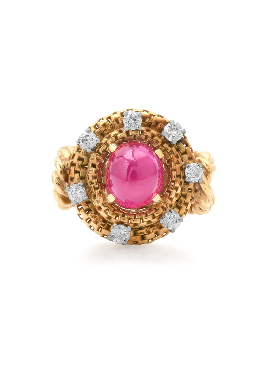 Vintage Woven Gold Cabochon Burmese No Heat Ruby & Diamond Cocktail Ring, circa 1950s–60s
