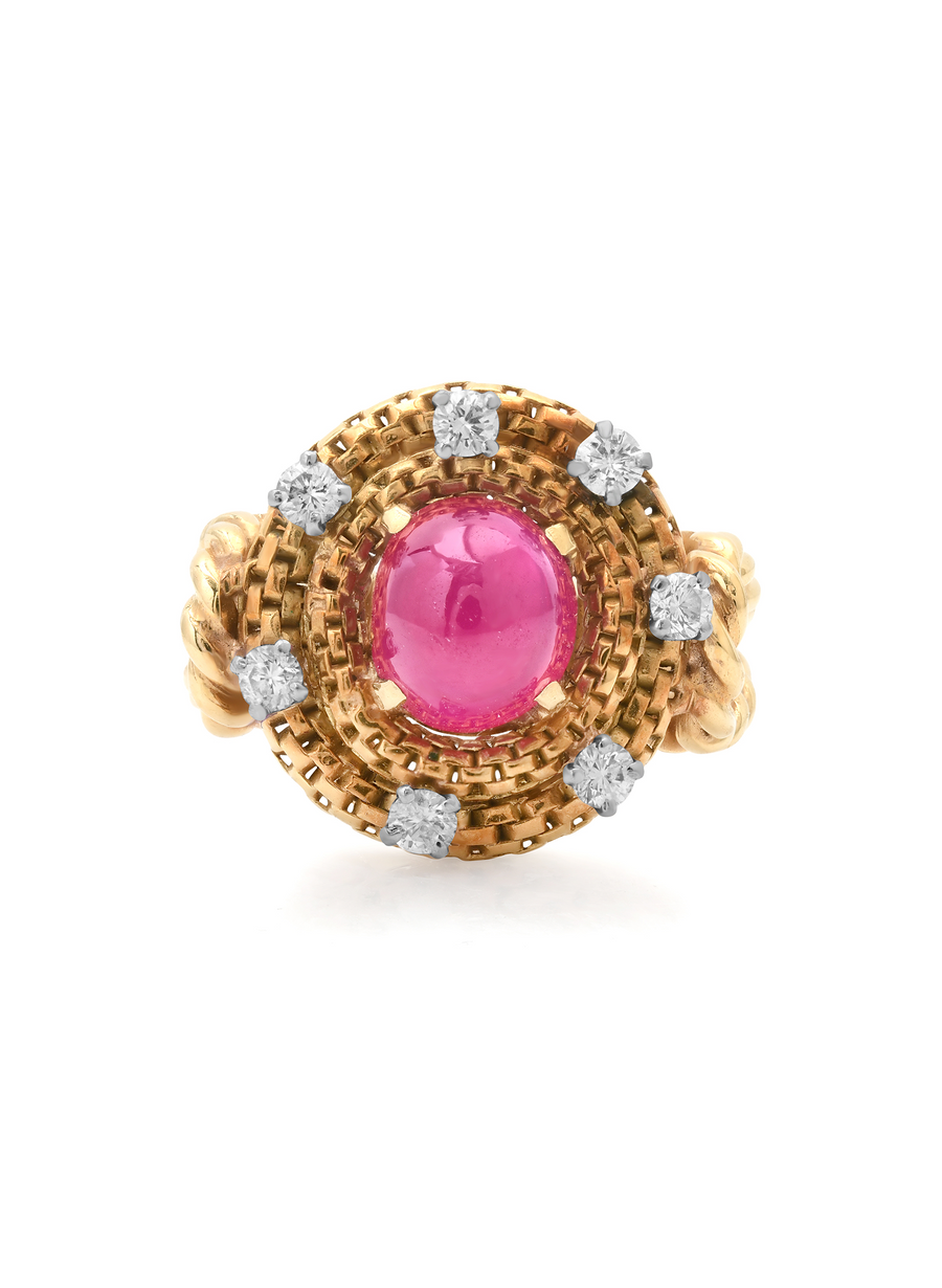 Vintage woven gold cabochon Burmese no-heat ruby and diamond cocktail ring, circa 1950s-60s
