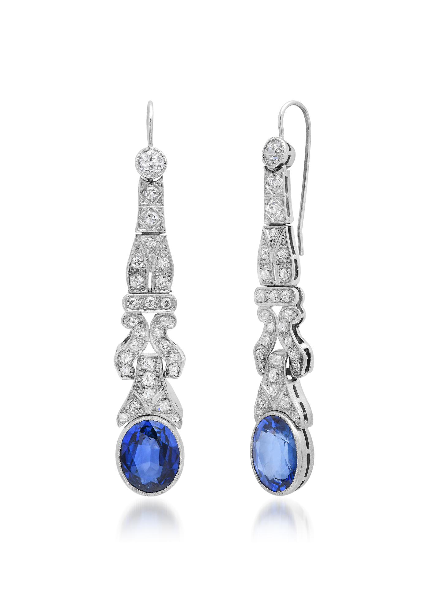 Estate Natural Diamond and Sapphire Platinum Drop Earrings