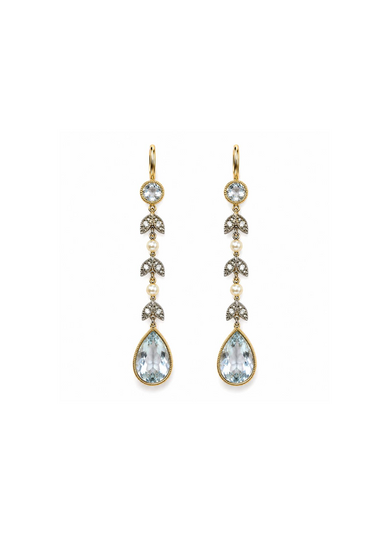 Vintage Victorian  Natural Diamond, Pearl and Aquamarine Earrings