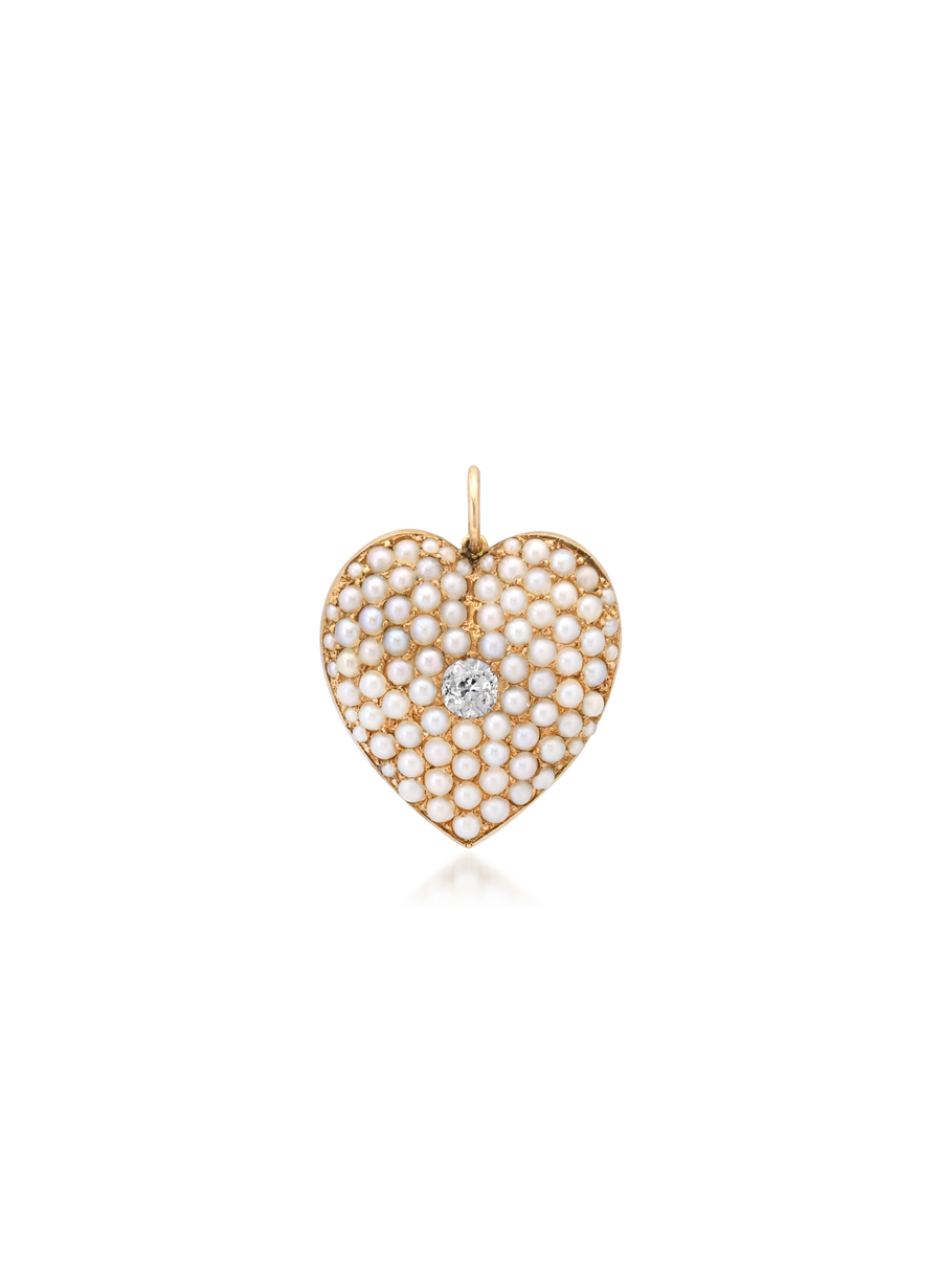 Vintage natural pearl and diamond heart pendant
